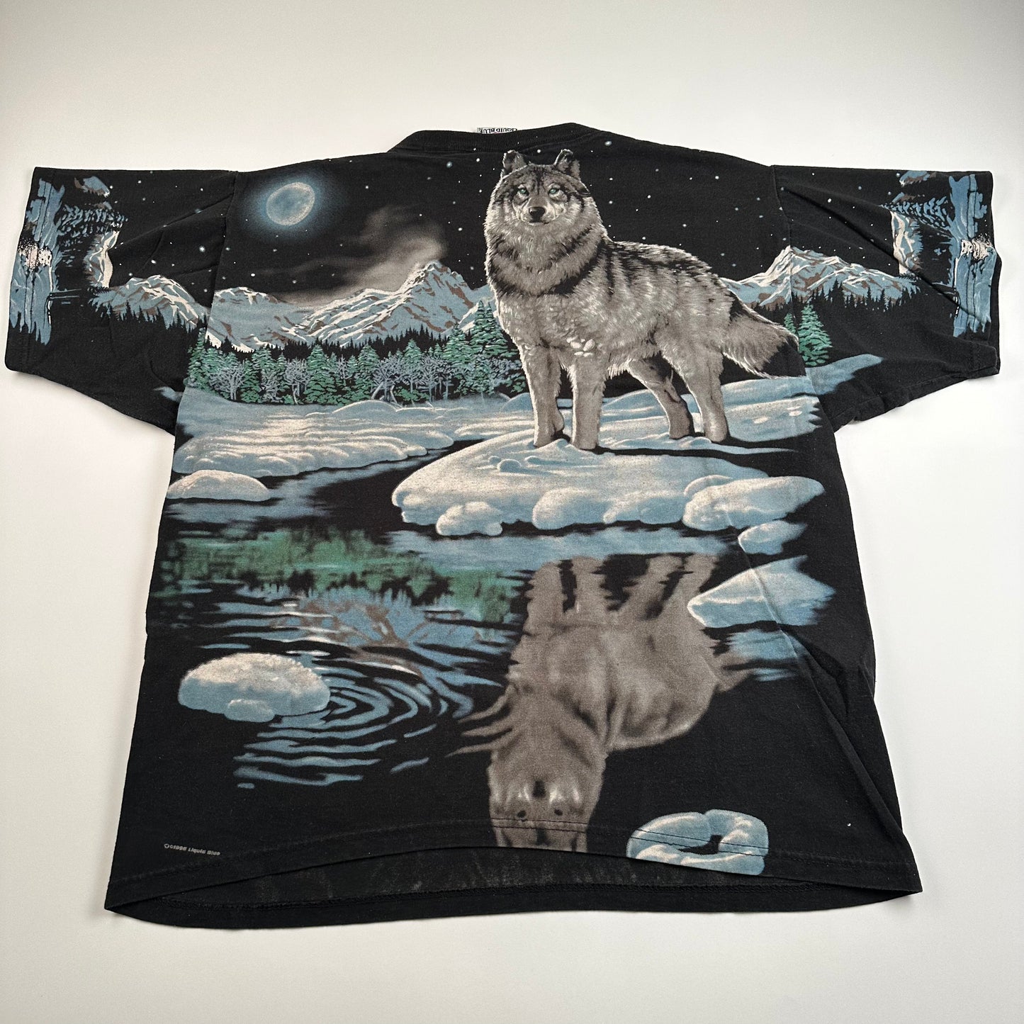 Vintage 1995 Wolf Shirt Large Liquid Blue All Over Print