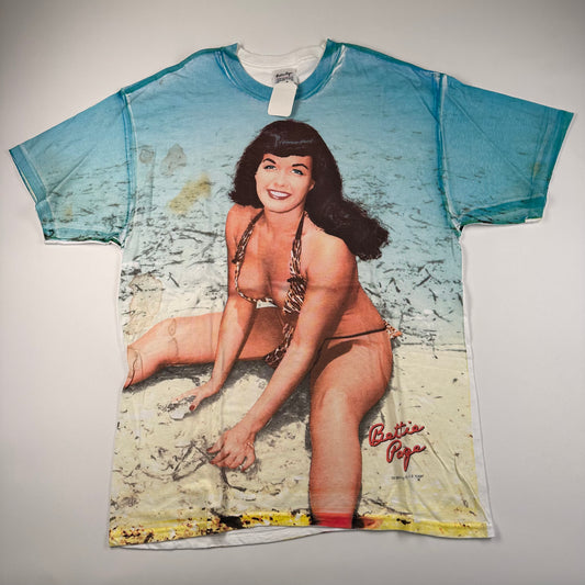 Vintage 90s Bettie Page Shirt Large Deadstock All Over Print Beach